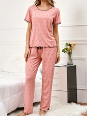 Polka Dot Print Pajama Set Short Sleeve Top & Elastic Waistband Pants