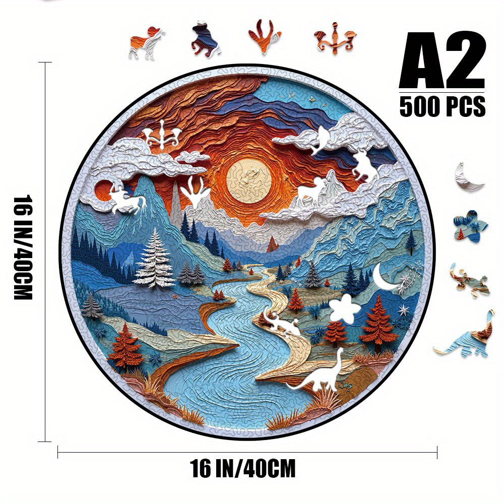 500pcs A2 Wooden Jigsaw Puzzle Sunset Landscape Unique Shaped Pieces