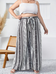  Colorblock Geometric Print Wide Leg Pants With Belt