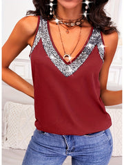 Sequin V Neck Sleeveless Tank Top Loose Summer Stylish Tank Top