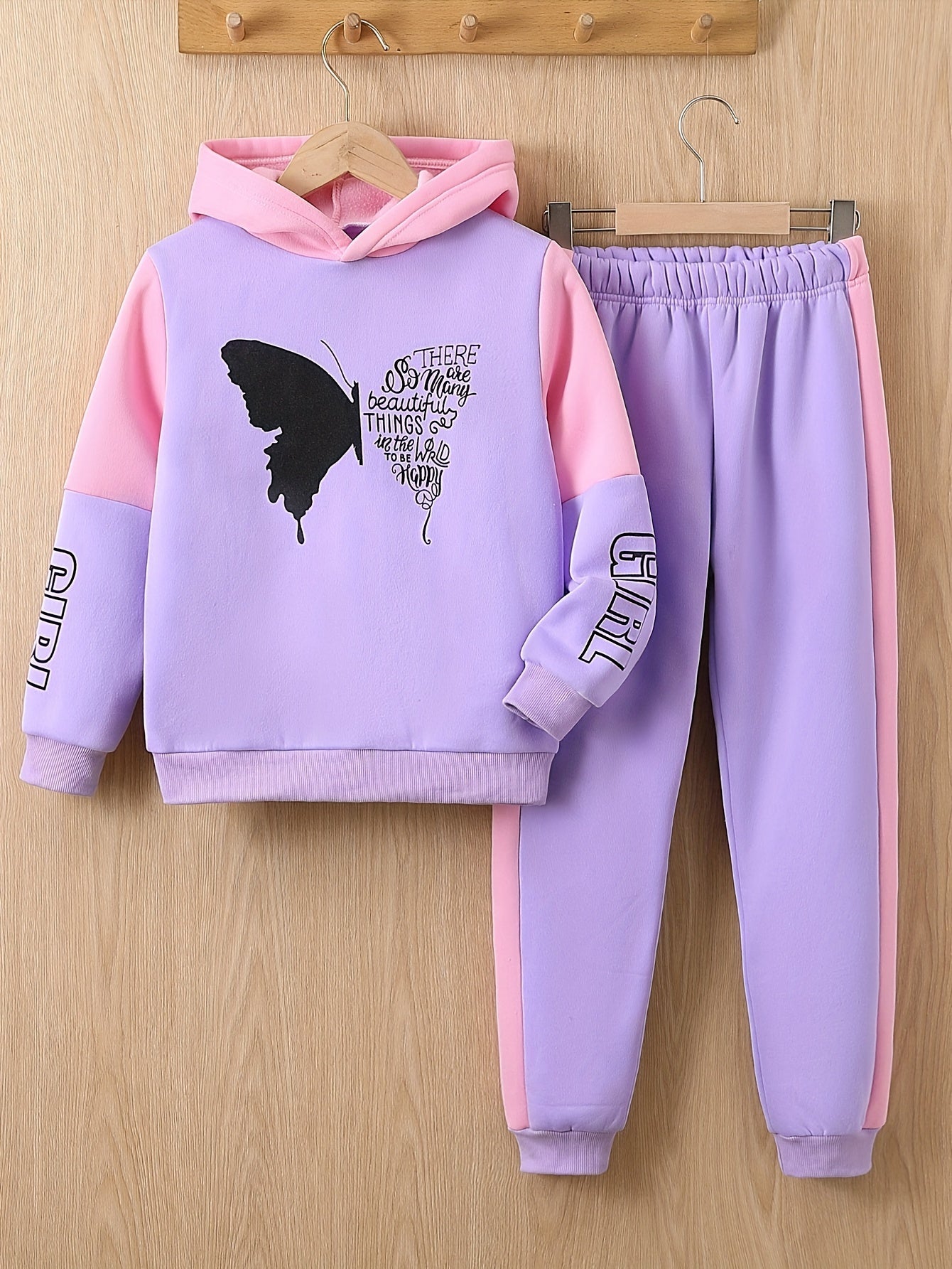 Girls Butterfly Print Fleece Hooded Sweatshirt And Trousers Set