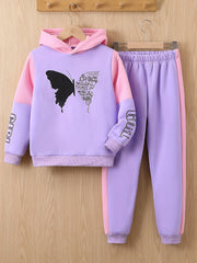 Girls Butterfly Print Fleece Hooded Sweatshirt And Trousers Set
