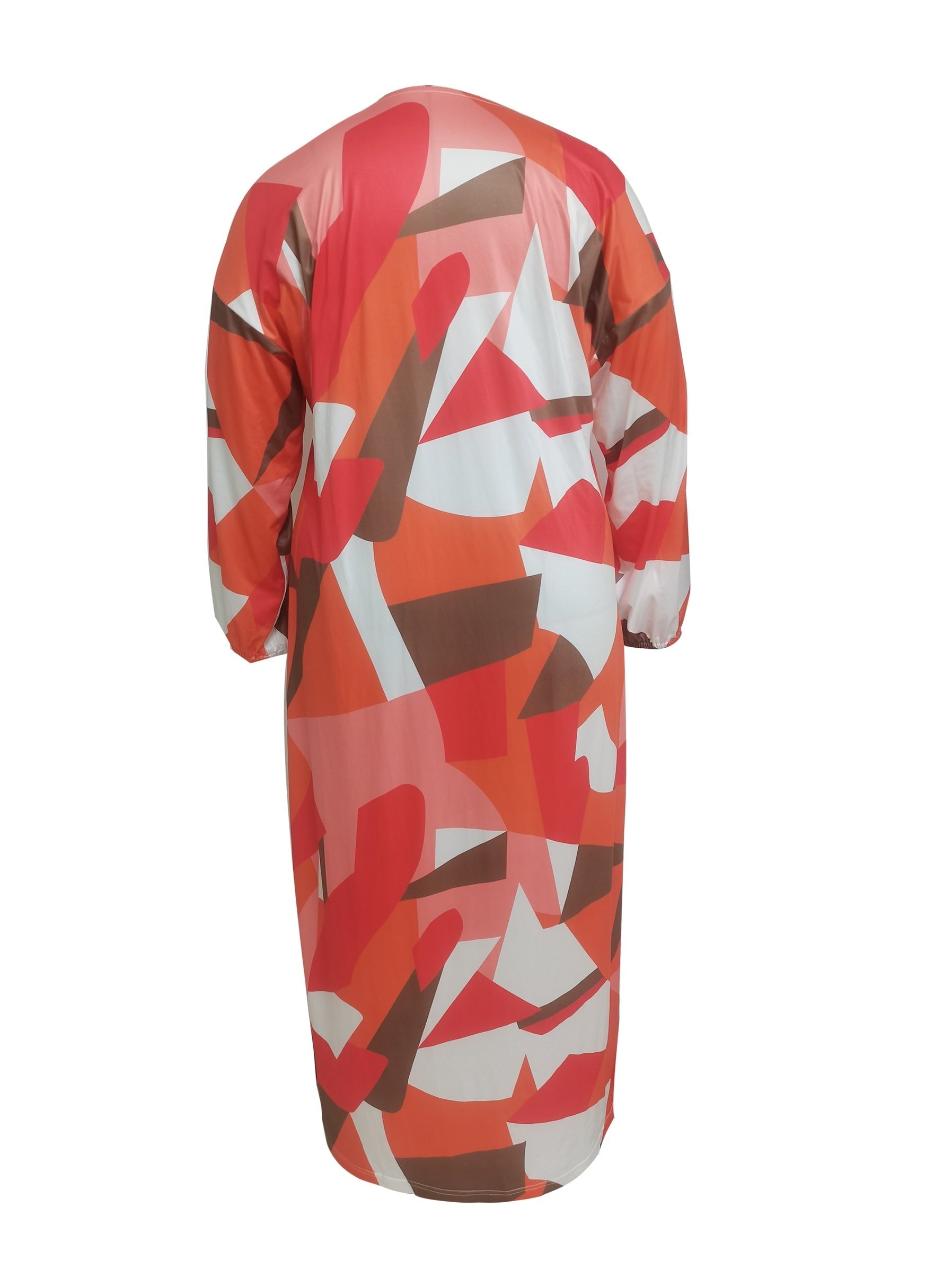 Plus Size Women's Colorblock Geometric Print Long Sleeve Maxi Dress