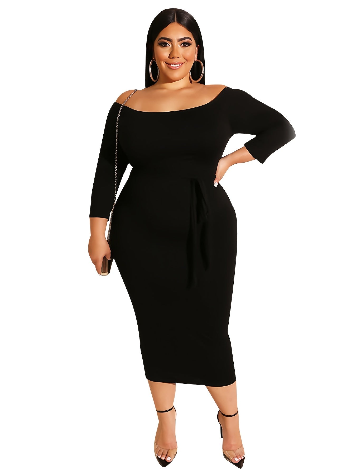 Solid Off Shoulder Long Sleeve Maxi Dress Women's Plus High Stretch