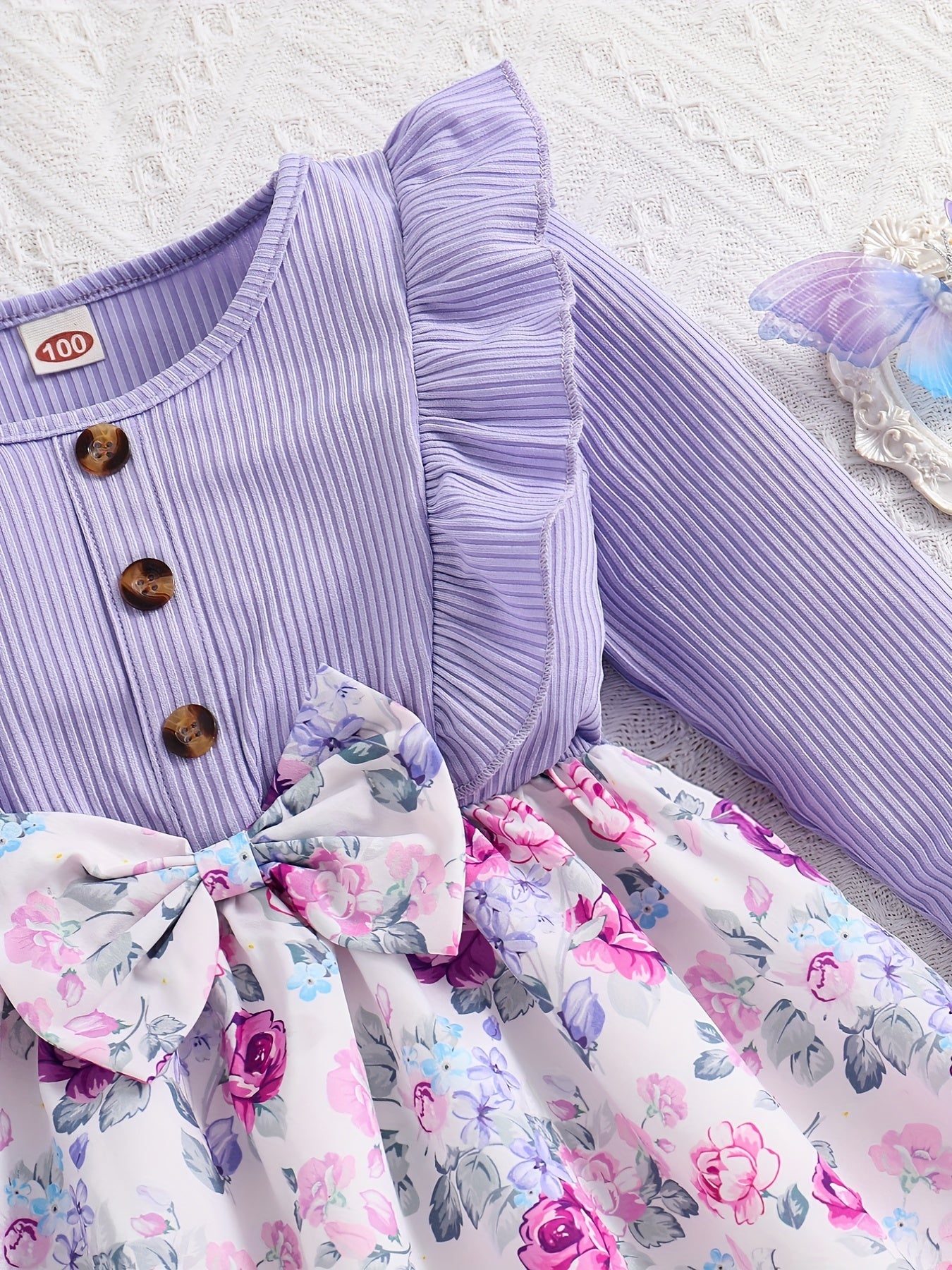 Girls Purple Flowers Print Long Sleeve Casual Dress