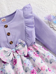 Girls Purple Flowers Print Long Sleeve Casual Dress