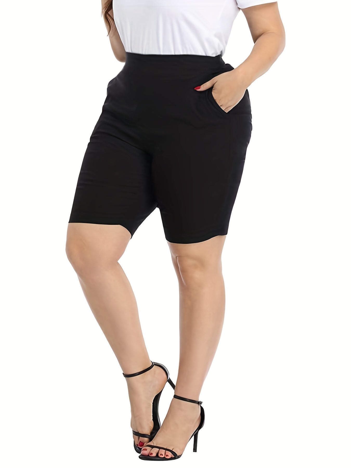  Shorts Women's Plus Solid Color Elastic Waist Shorts With Pockets