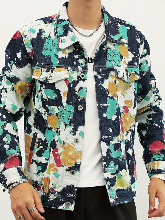 Men's Tie Dye Denim Jacket Street Style Button Up Jacket