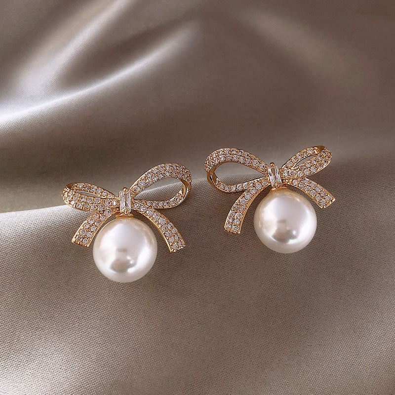 18K Plated Bow Rhinestone Pearl Stud Earrings Women's Jewelry