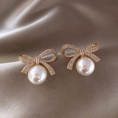 18K Plated Bow Rhinestone Pearl Stud Earrings Women's Jewelry