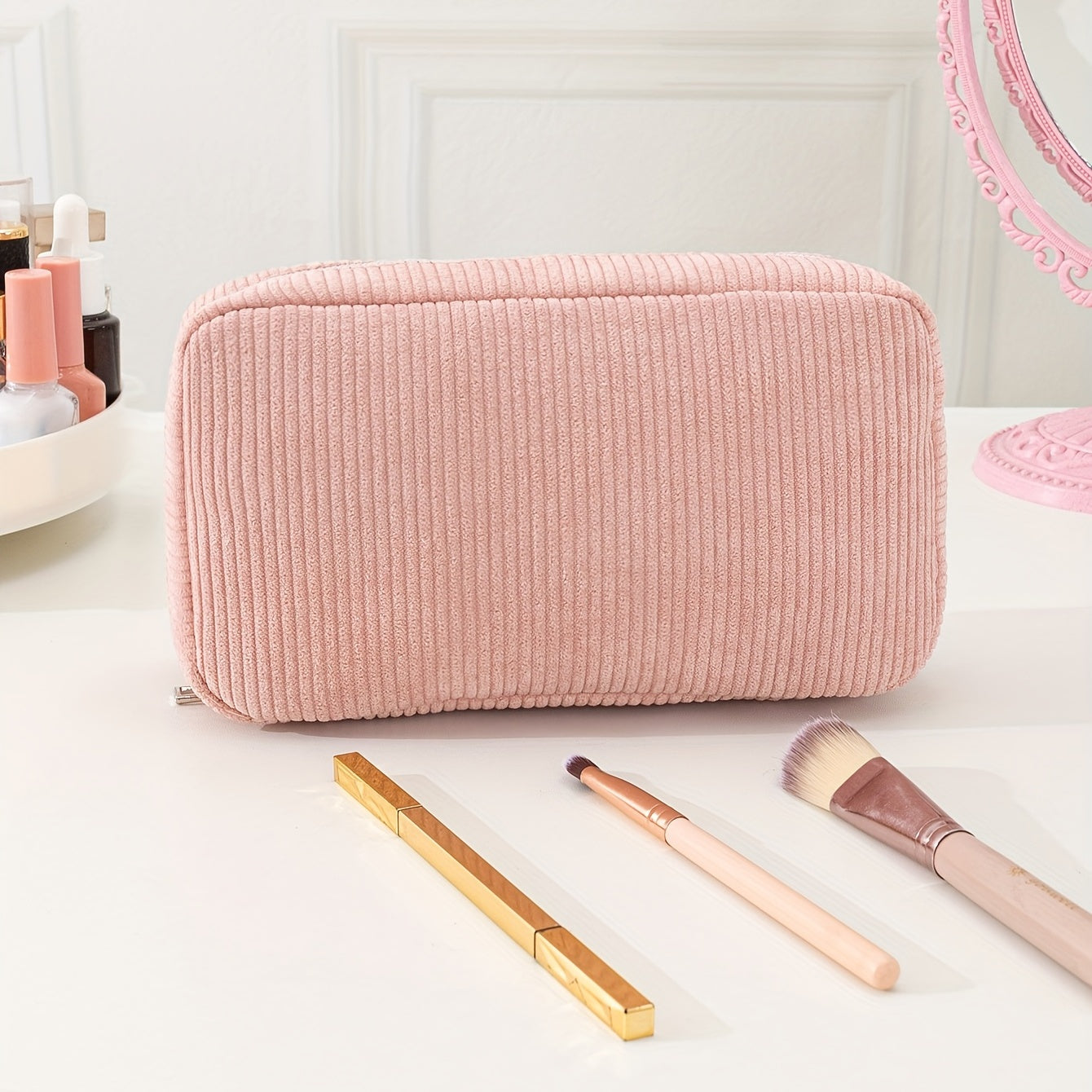 Pink Corduroy Makeup Bag with Silvery Zipper