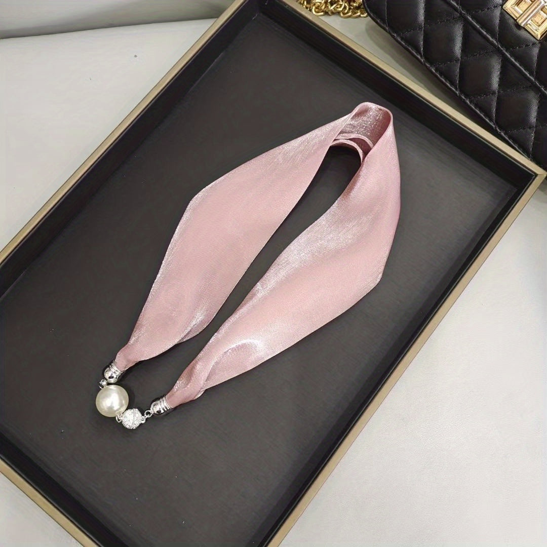 Magnetic Buckle Skinny Necklace Scarf Faux Pearl Decor Twilly Scarf