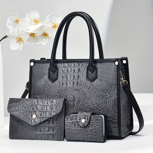 3pcs Crocodile Pattern Faux Leather Handbag Set