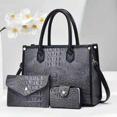 3pcs Crocodile Pattern Faux Leather Handbag Set