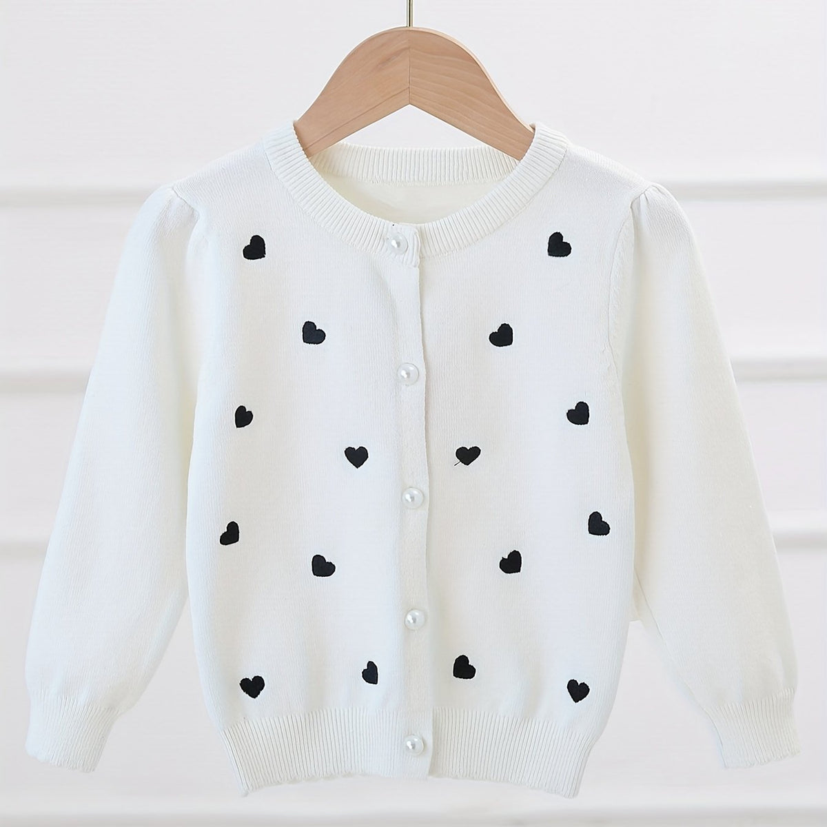 Girls' Pearl Button Down Knit Cardigan Sweater With Hearts Jacquard