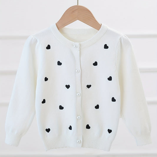 Girls' Pearl Button Down Knit Cardigan Sweater With Hearts Jacquard