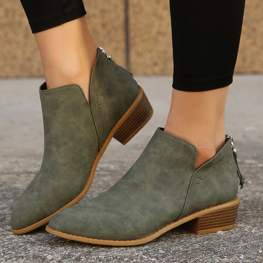 Women's Low Heel Ankle Boots, Back Zipper, Pointed Toe, Faux Leather