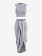 Crop Tank Top & Ruched Split Front Skirt Set Women's Outfit