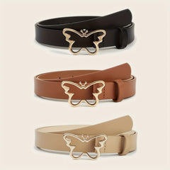 Butterfly Golden Buckle Belt Solid PU Leather Waist Belt for Women