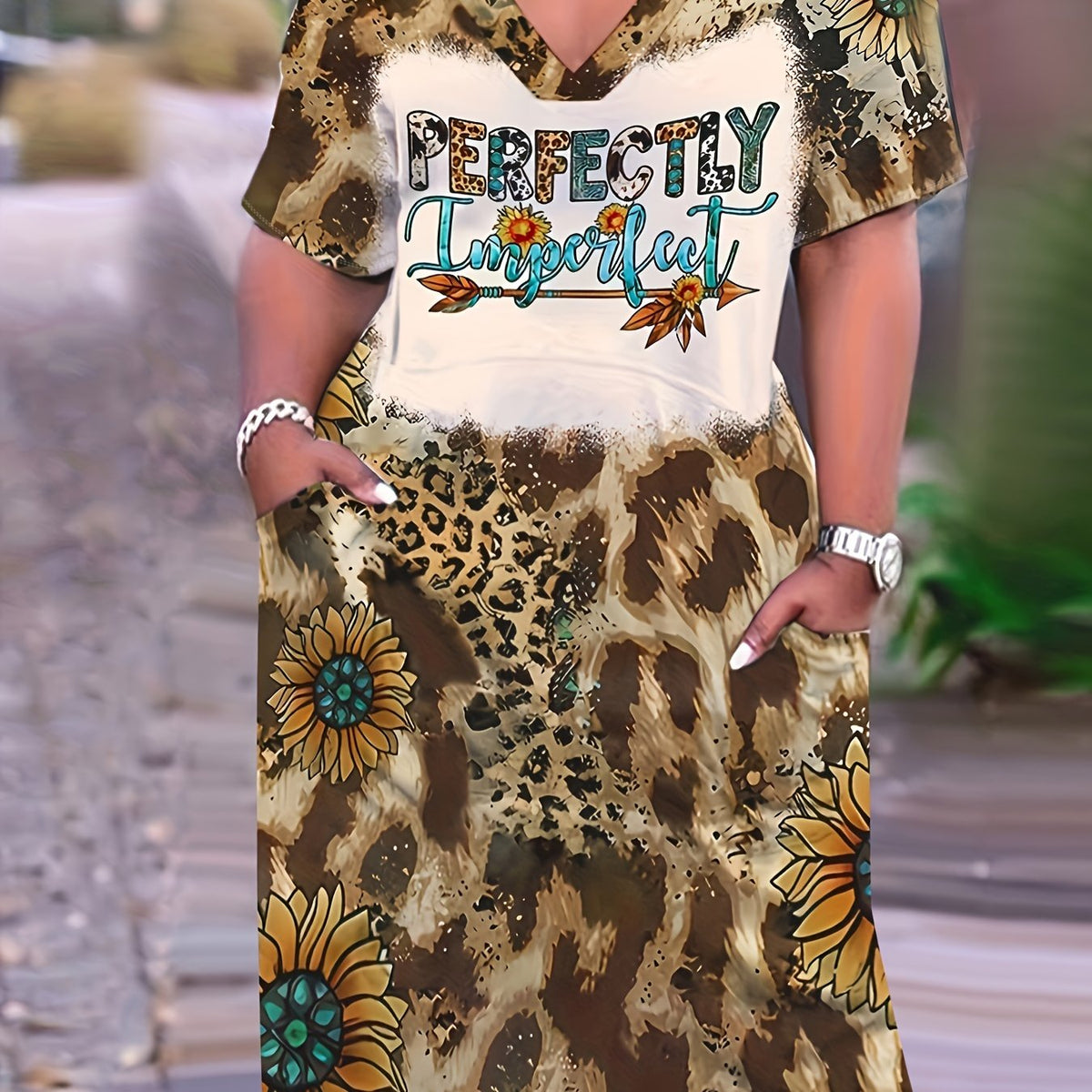  Colorblock Leopard Print V Neck Stretch Dress With Pockets