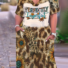  Colorblock Leopard Print V Neck Stretch Dress With Pockets