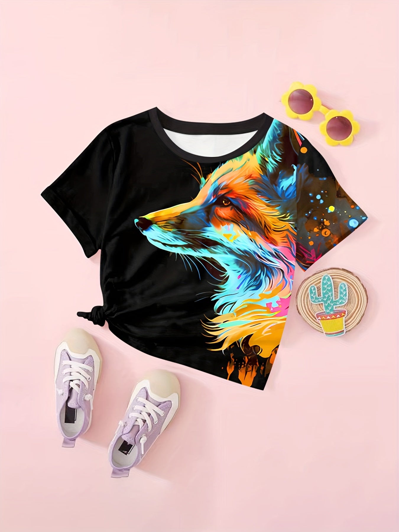 Tie Dye Fox Graphic Short Sleeve T shirt Girls Summer Tops