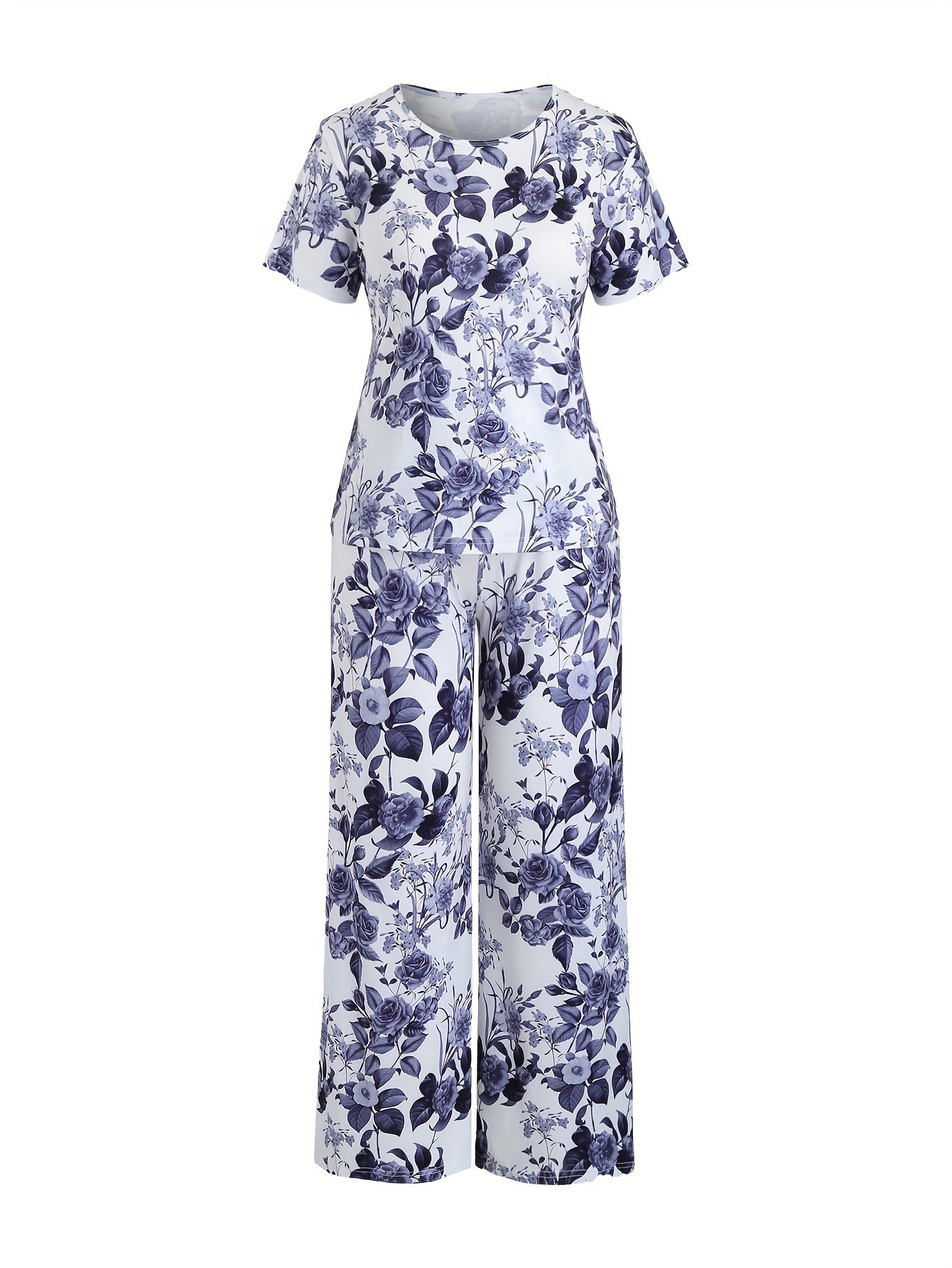  Floral Print Pajamas Set Short Sleeve Tee & Pants