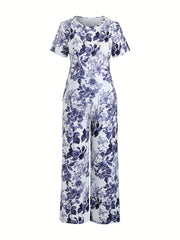  Floral Print Pajamas Set Short Sleeve Tee & Pants