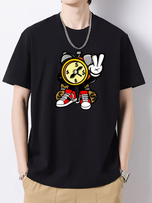 Cartoon Clock Print Men's Graphic Cotton Crew Neck T shirt