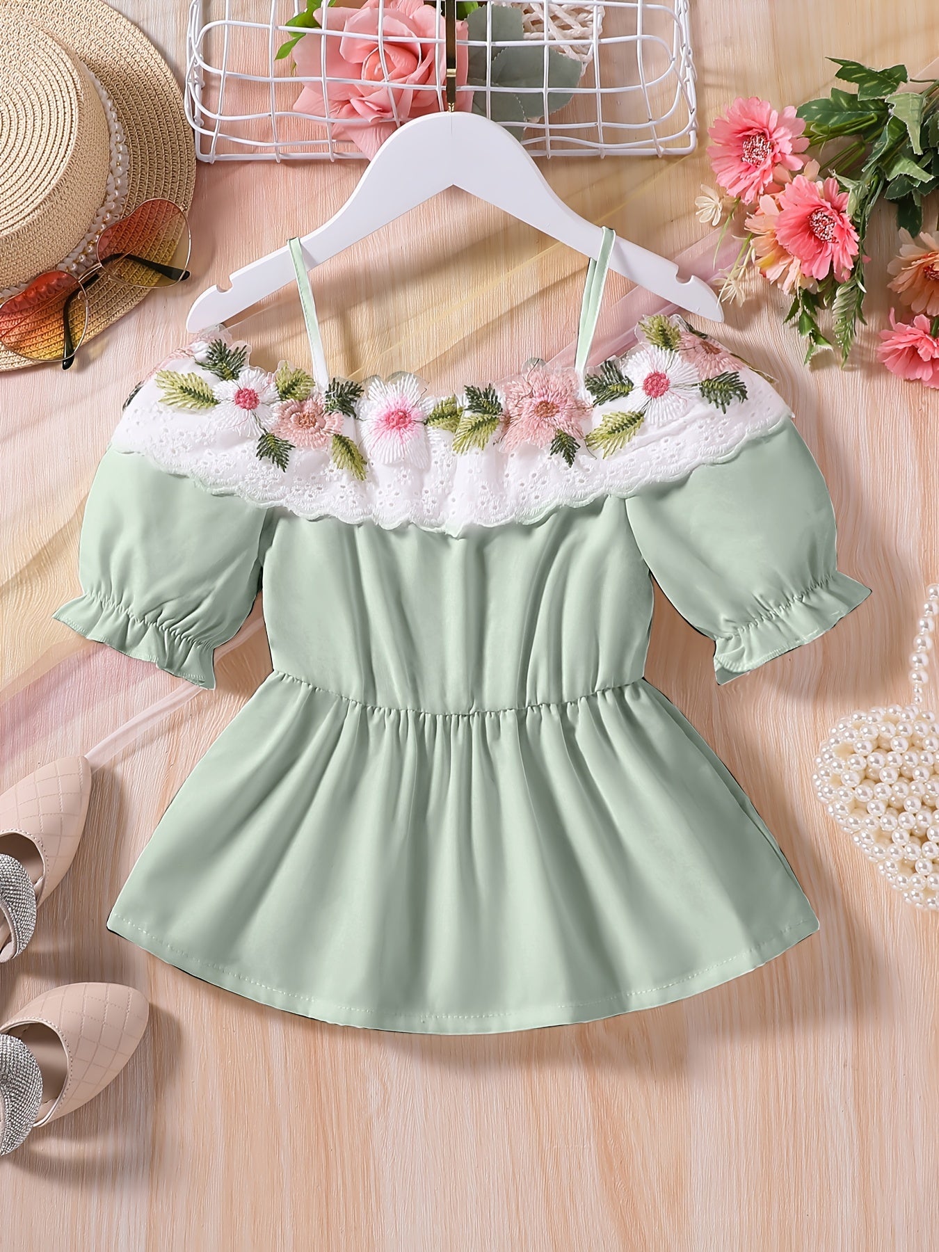 Girls Off Shoulder Flower Embroidery Tunic Shirt