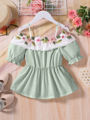 Girls Off Shoulder Flower Embroidery Tunic Shirt