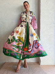  Abstract Print Lantern Sleeve Maxi Dress With Belt