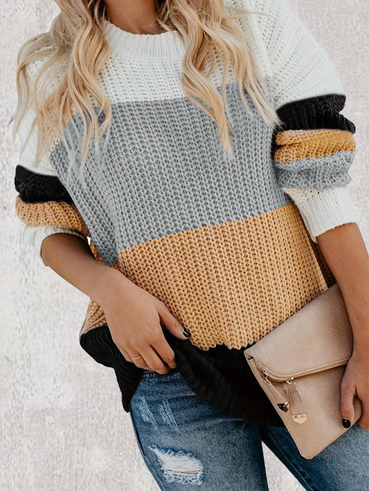  Casual Colorblock Sweater Round Neck Pullover Jumper