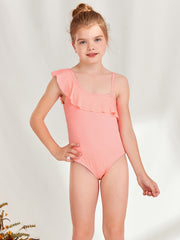 Toddler Girls One Piece Swimsuit Ruffle Trim Asymmetrical Neck