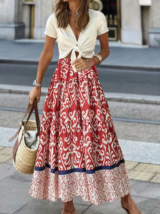  Tribal Print Ruffle Trim Smock Maxi Skirt