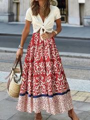  Tribal Print Ruffle Trim Smock Maxi Skirt