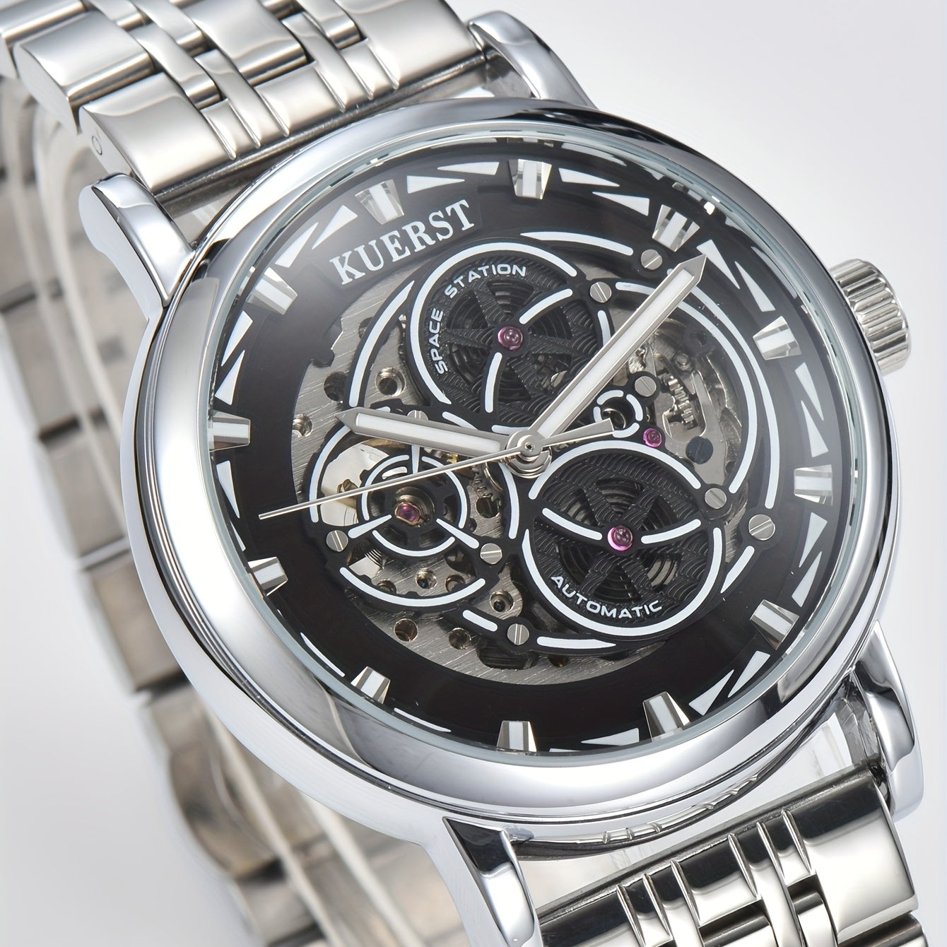 KUERST Men's Steel Strap Mechanical Watch Luminous Dial Creative Wristwatch