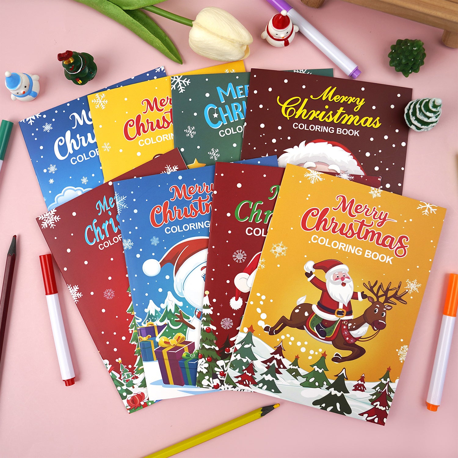 8 Pack Christmas Coloring Book Set - Santa Claus Snowman Theme Activities