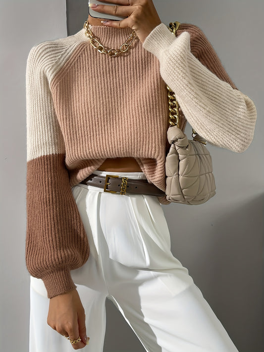  Colorblock Ribbed Sweater Women's Round Neck Pullover