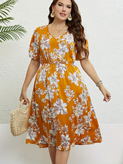  Floral Print Bubble Sleeve V Neck Midi Dress