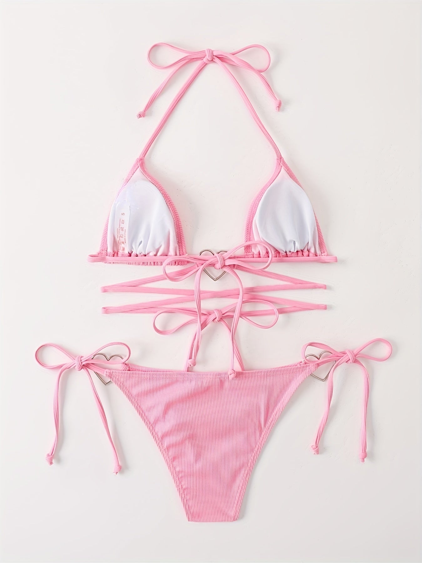 Heart Linked Halter Neck Rib Knit Bikini Set