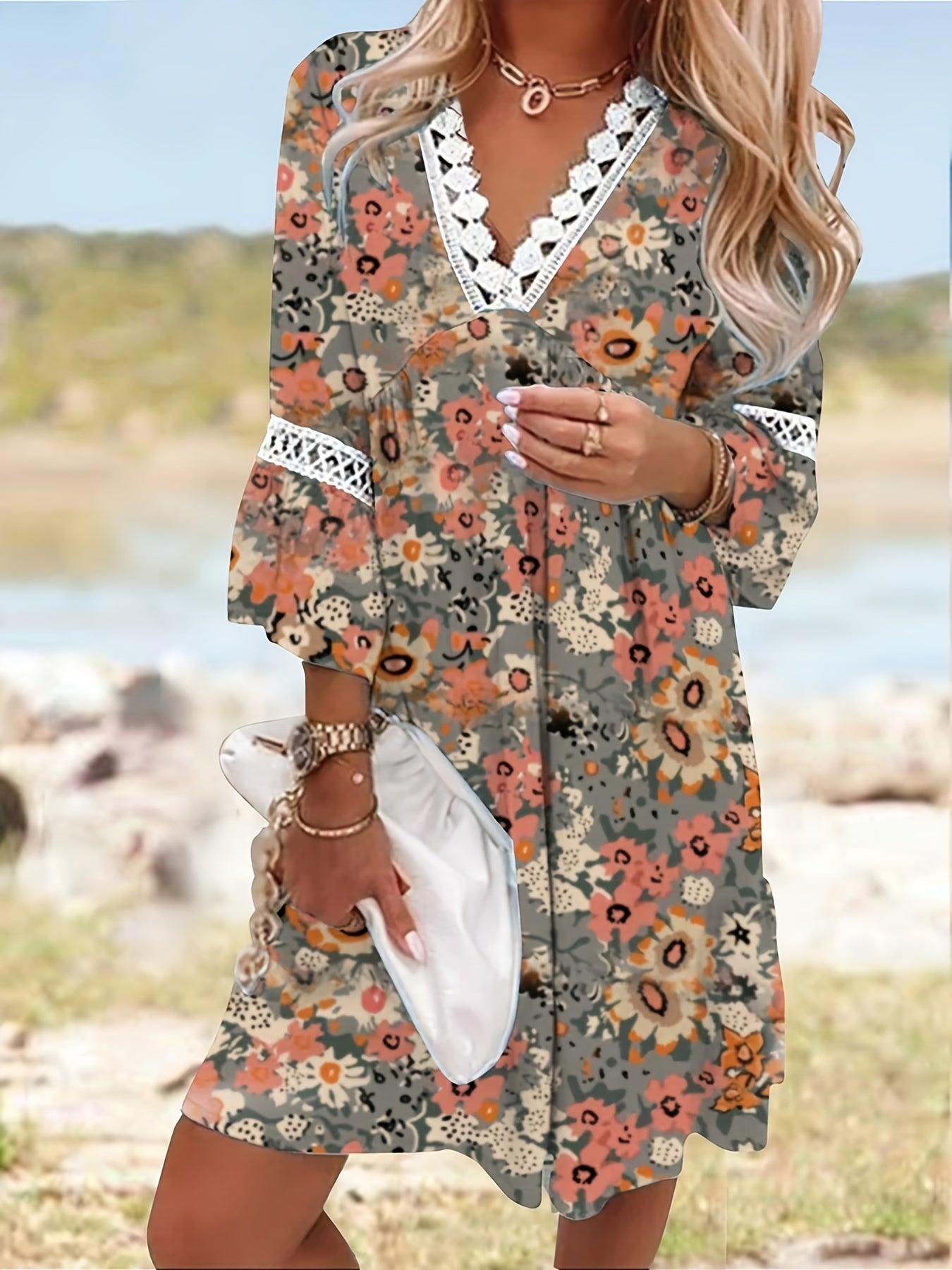 Boho Floral Print Dress Lace Stitching V Neck Half Sleeve Dress