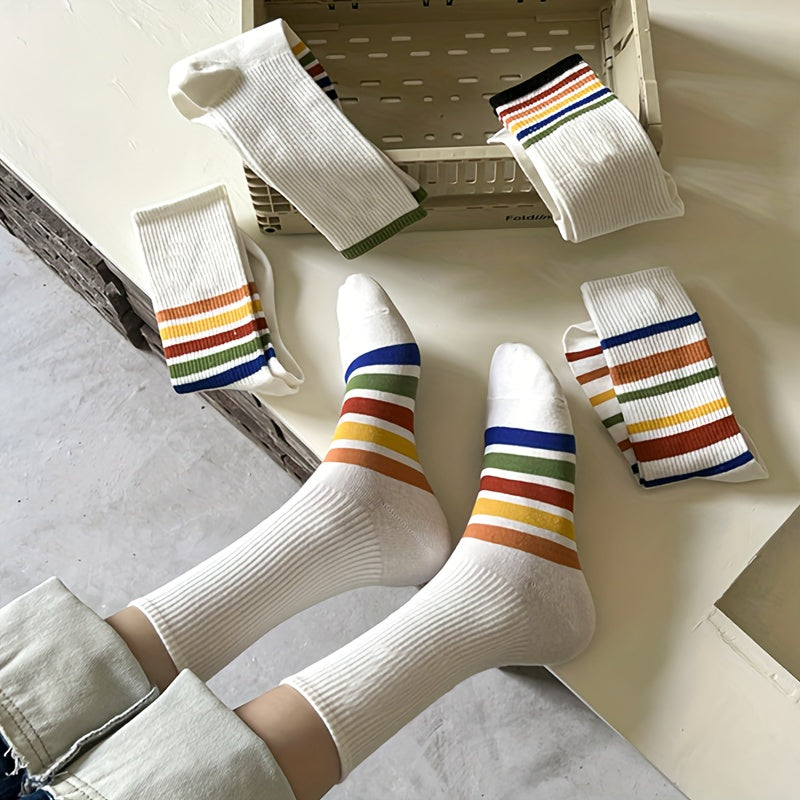 5 Pairs Rainbow Striped Socks Women's Stockings