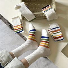 5 Pairs Rainbow Striped Socks Women's Stockings