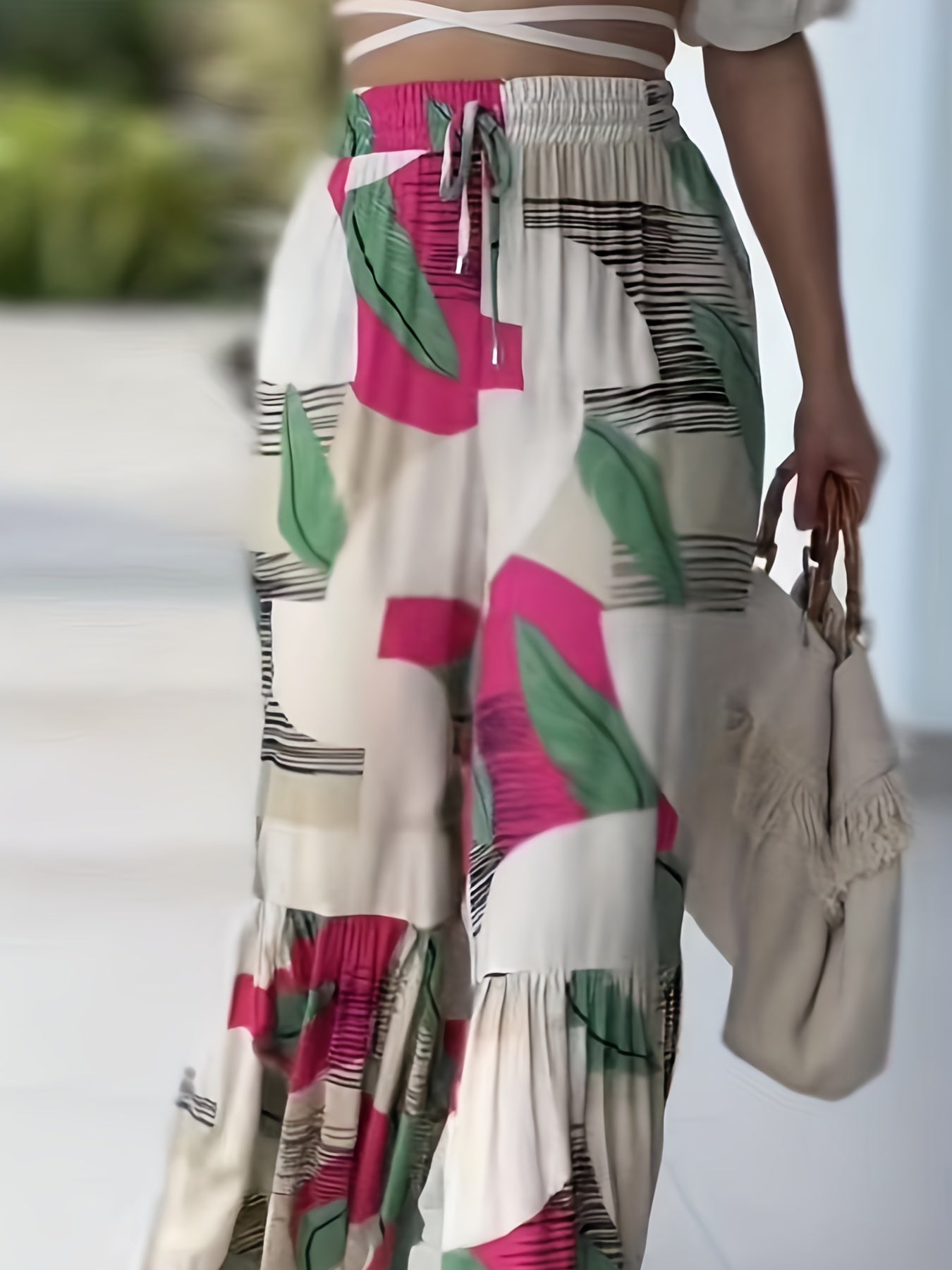  Colorblock Striped Ruffle Trim Wide Leg Pants