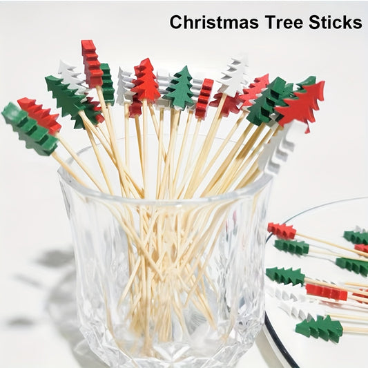 50 Pack Christmas Tree Cocktail Picks Bamboo Toothpicks with Leaf