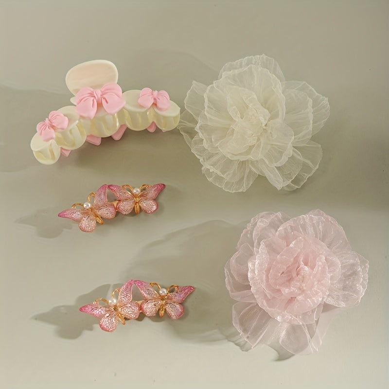 5pcs Sweet Hair Accessories Set Organza Flower Hair Clip Butterfly Shaped Duck