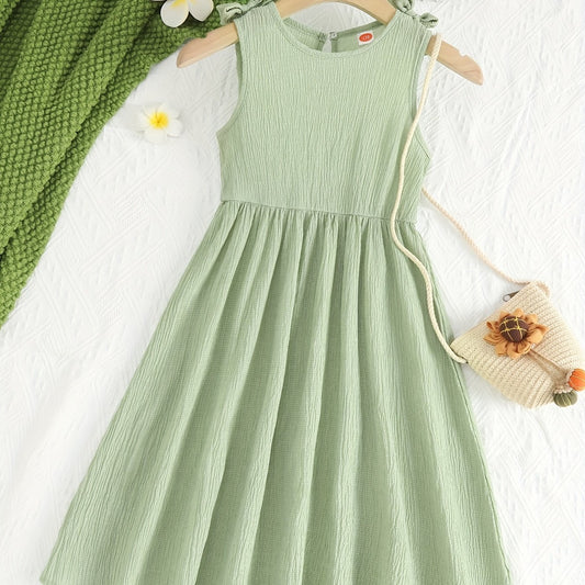 Girl's Summer Sundress Sleeveless Wrinkles Texture Midi Dress
