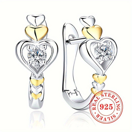 925 Silver Hoop Earrings Double Heart CZ Vacation Style April Birthstone