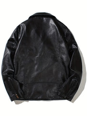 PU Biker Jacket Men's Casual Solid Zip Up Lapel Faux Leather Jacket